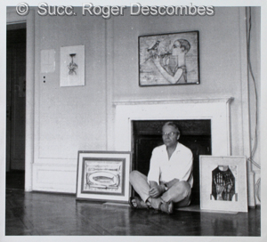 Roger Descombes, L'artiste avec trois de ses  tableaux au jardin botanique de Genève vers 1962, 1962 - Roger Descombes au Jardin Botanique de Genève avec quelqu'unes de ses oeuvres peintes vers 1962.