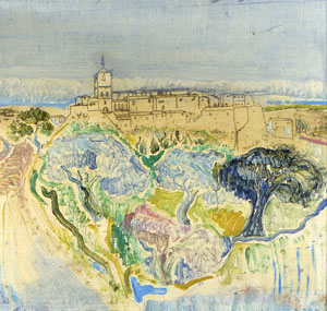 Roger Descombes, Village du Vaucluse aux arbres rose et bleu, 1971 -  Village en Provence, huile sur massonite, vers 1971