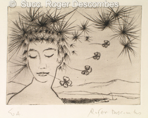 Roger Descombes, La belle dame au porte-bonheur, 1957 -  Portrait de June, femme de l'artiste, gravure pointe sèche, c.1956-58