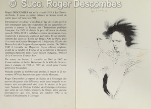 Roger Descombes, Le Concert, 1952 - Dessin à la plume sur carte d'invitation Peintres suisses de Vallonton à Erni, 1984