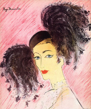 Roger Descombes,  Chapeau Legroux 1947, 1947 - Illustration de magazine Haute Couture 1947, d'aprés un dessin à l'aquarelle original.